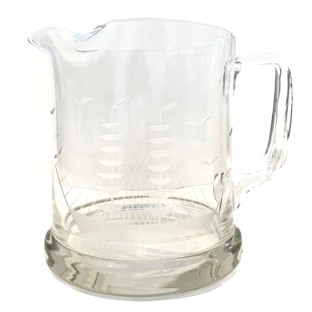 Vintage Clear Glass Pitcher Jug with Etched Ship Sail Boat Design Heavy Sailor